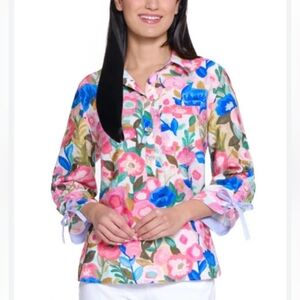 John Mark Multicolor Floral Patch Tunic Top Blouse Women's Size Large
